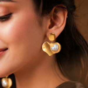 Golden Heart Pearl Statement Earrings