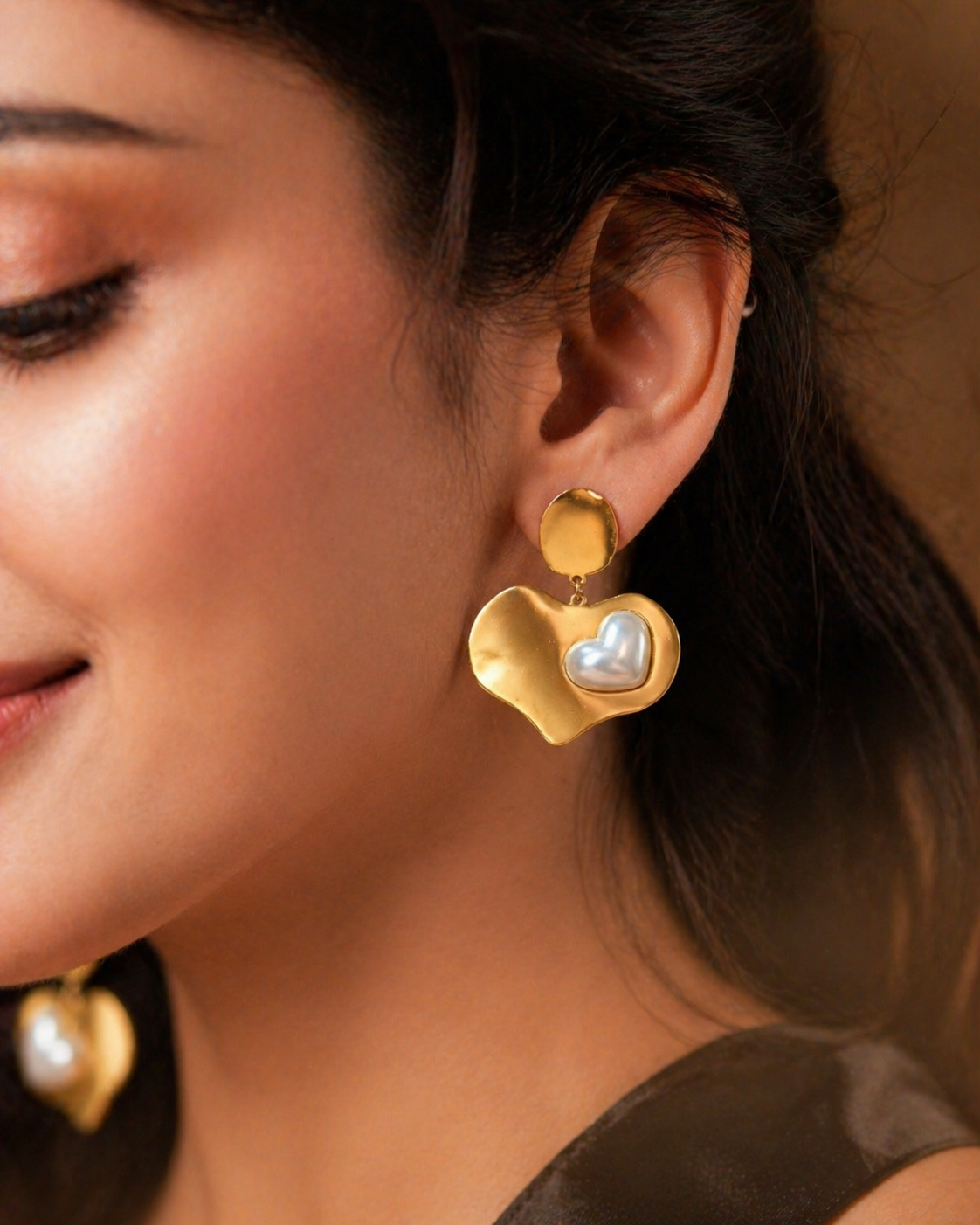 Golden Heart Pearl Statement Earrings