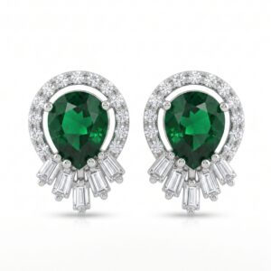 Green Stone AD Rhodium-Plated Statement Stud Earrings