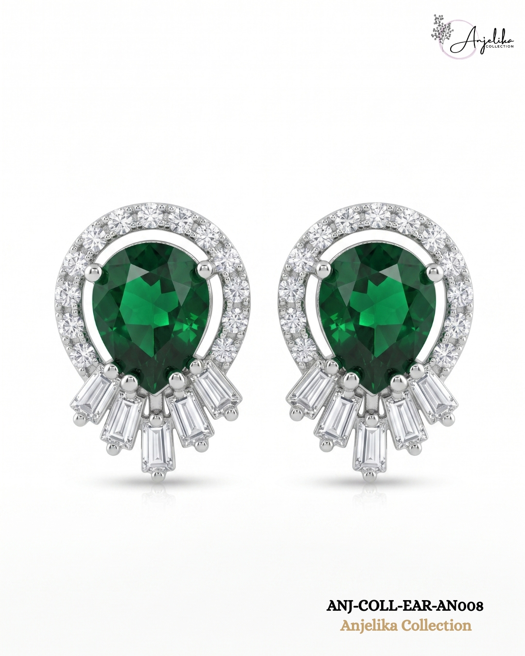 Green Stone AD Rhodium-Plated Statement Stud Earrings