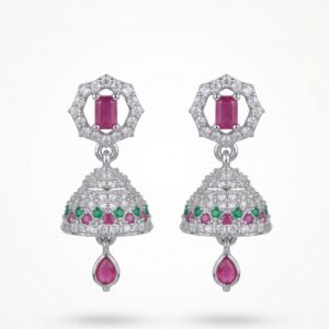 Pink & Green Stone AD Jhumka Earrings