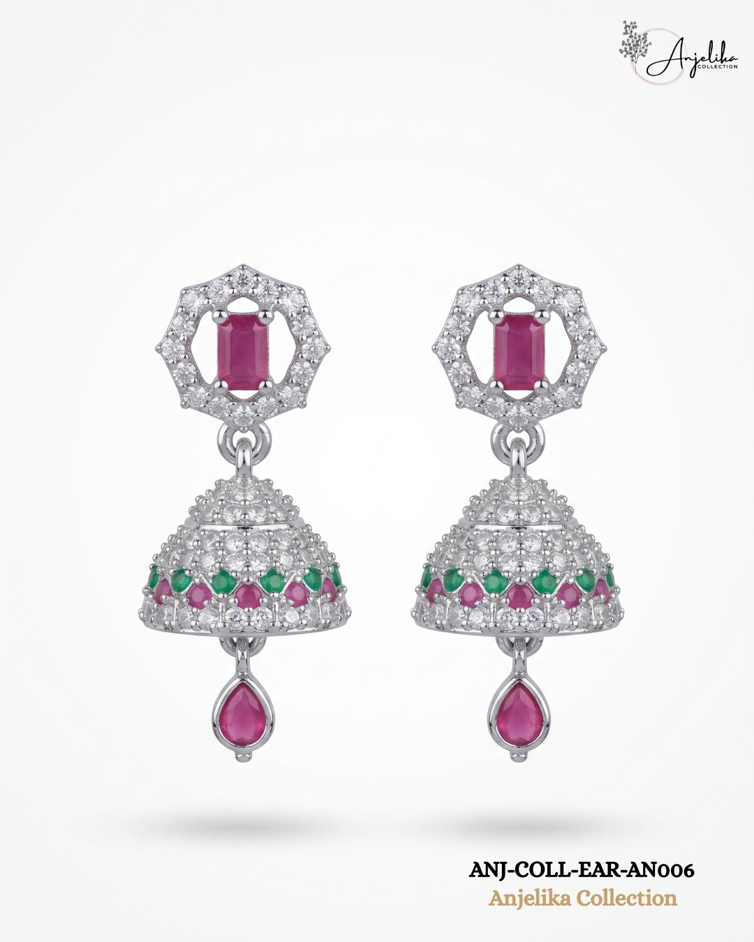 Pink & Green Stone AD Jhumka Earrings
