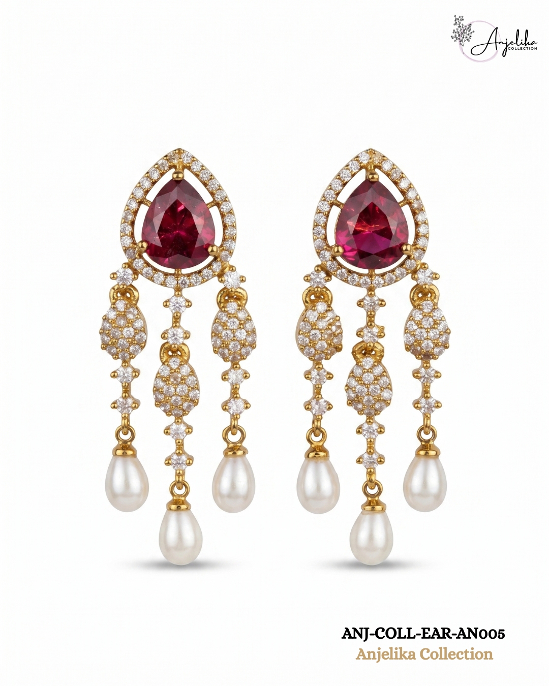Pink Stone AD Pearl Drop Gold-Plated Earrings