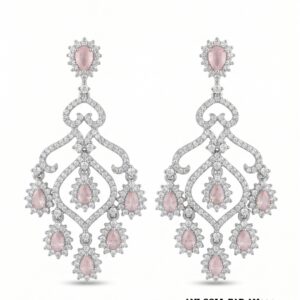 Pink Stone AD Chandelier Rhodium-Plated Earrings