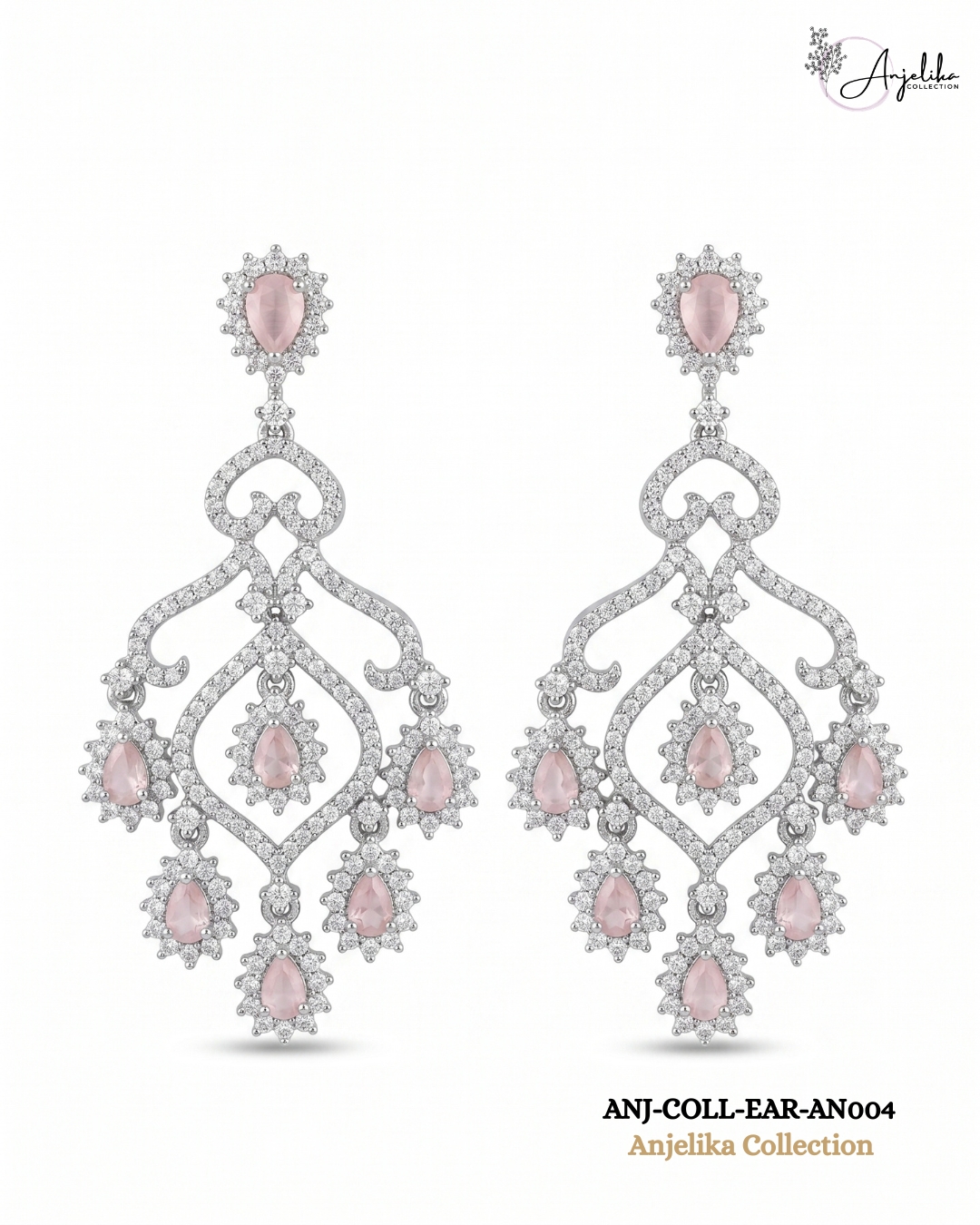 Pink Stone AD Chandelier Rhodium-Plated Earrings