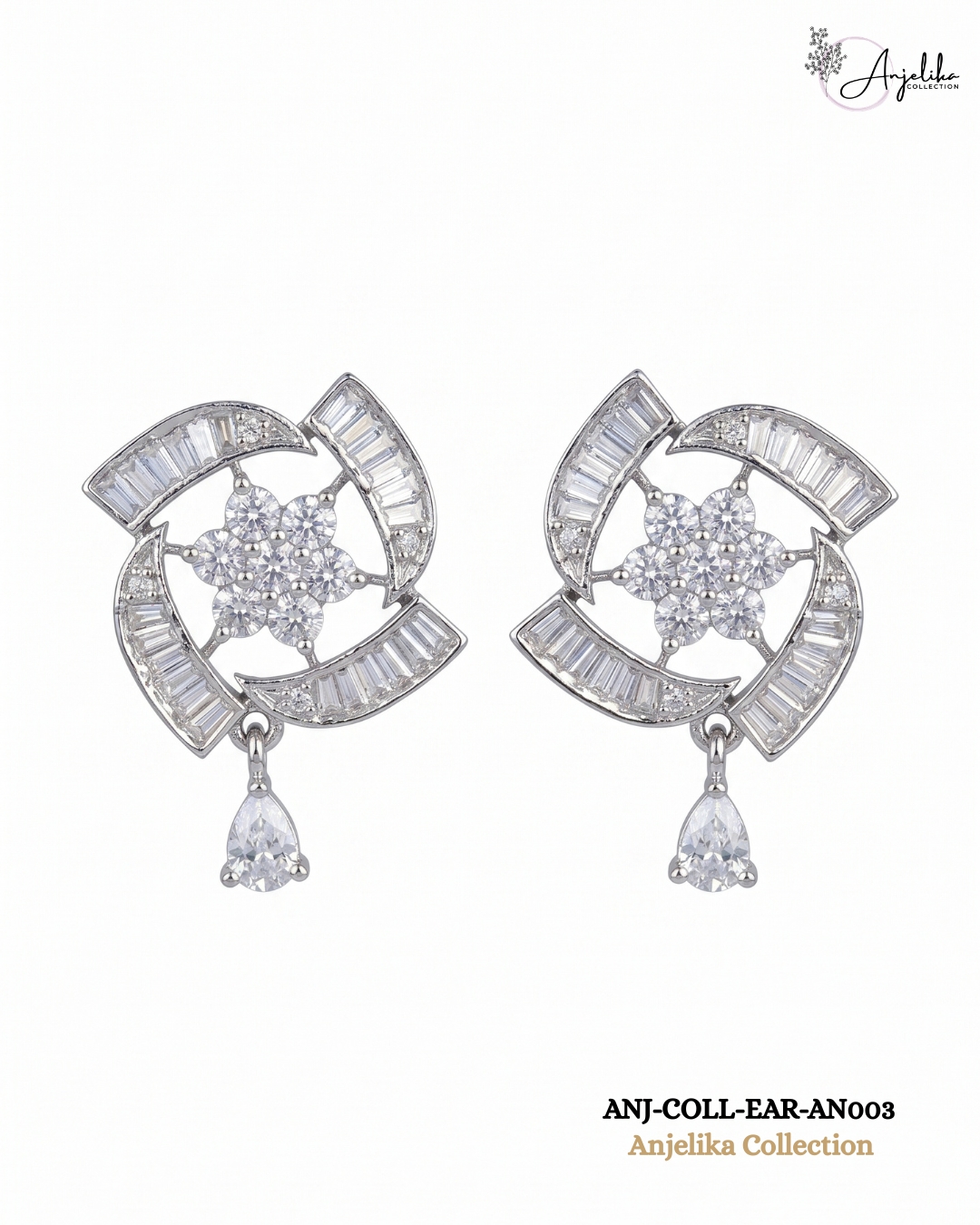 Floral AD Rhodium-Plated Drop Earrings