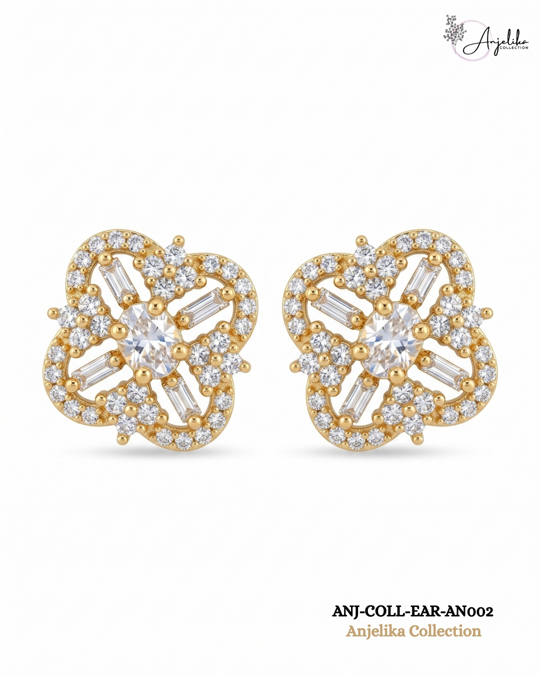 Floral American Diamond Gold-Plated Stud Earrings