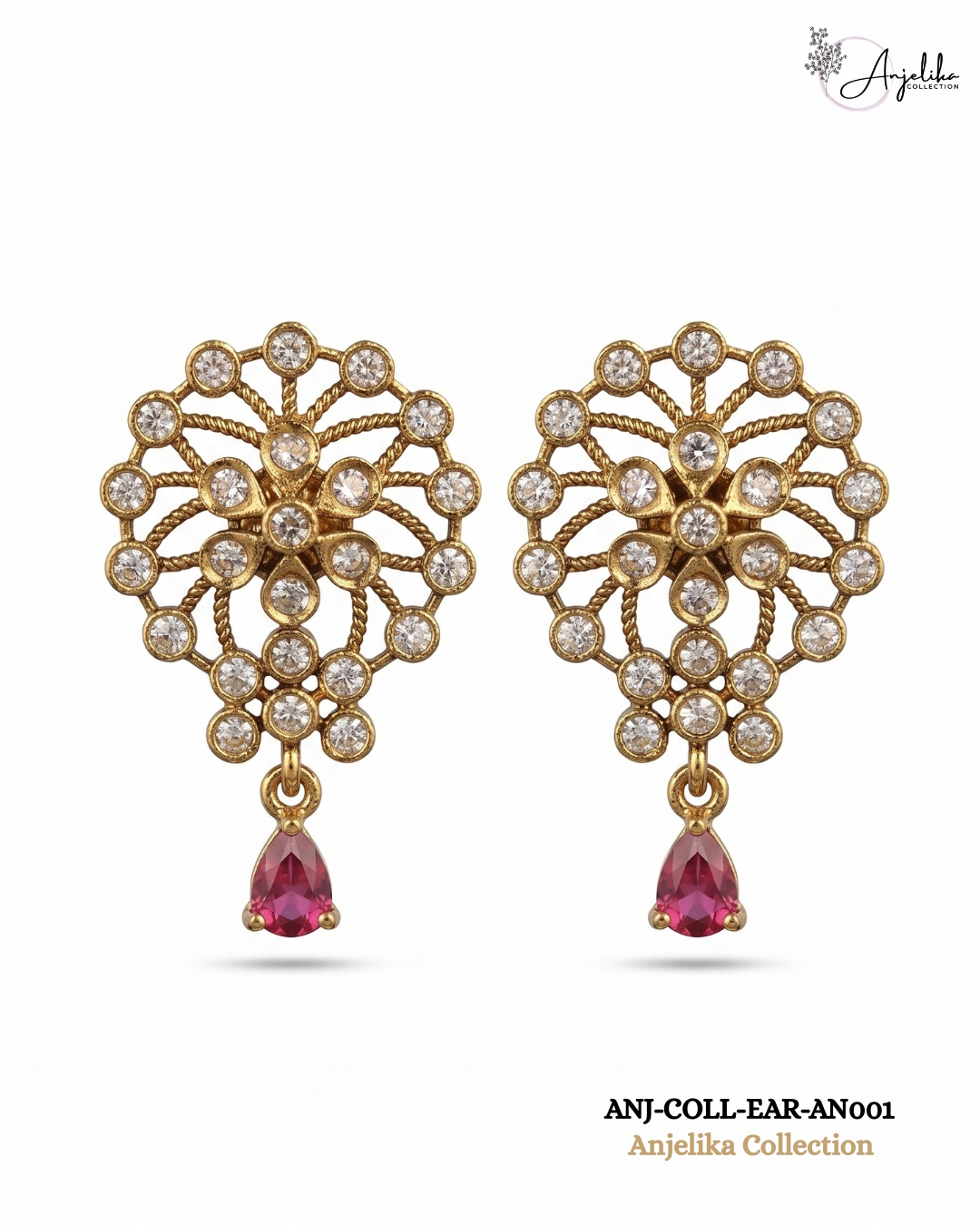 Traditional American Diamond Ruby Pink Drop Earrings
