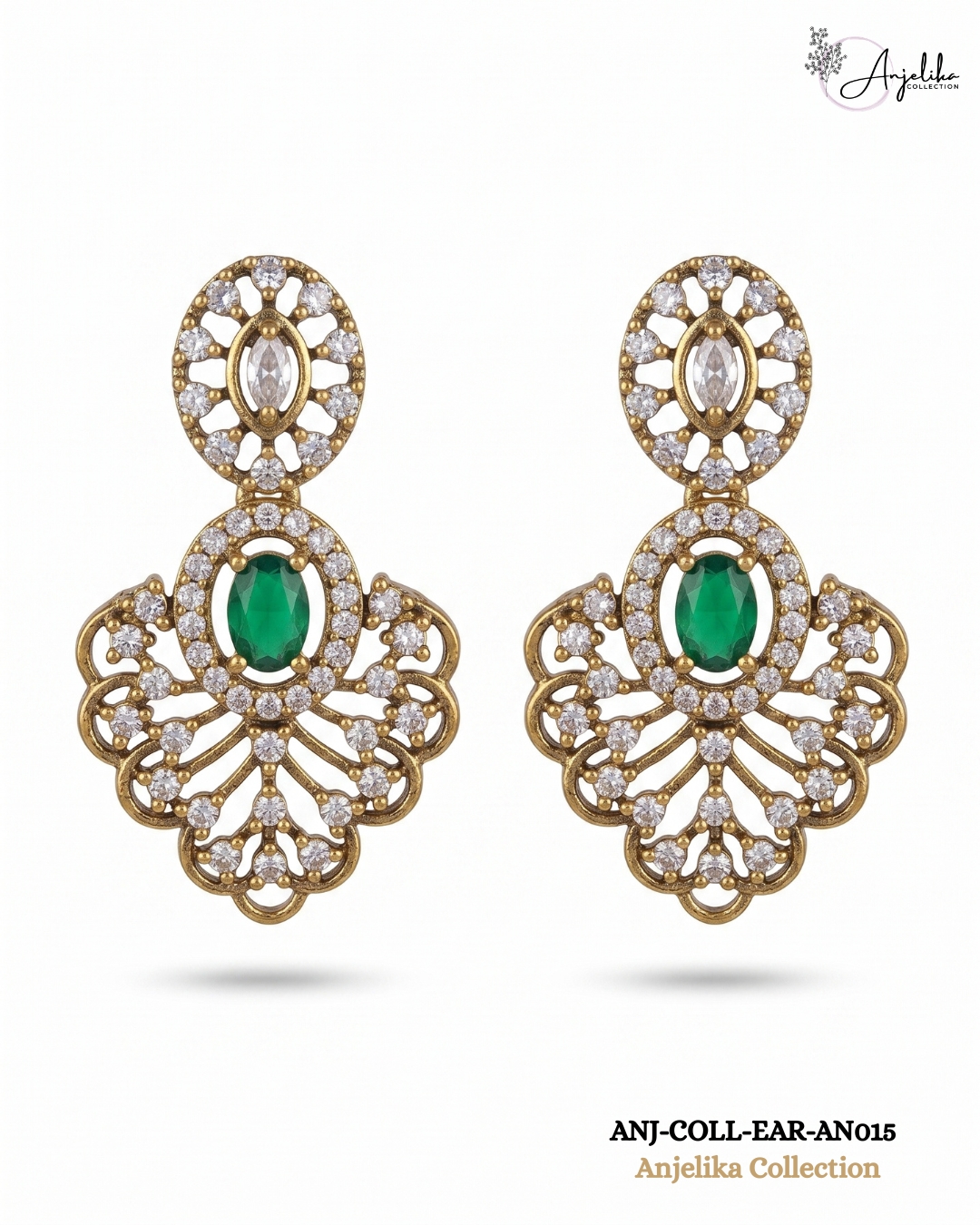 Green Stone AD Gold-Plated Statement Earrings